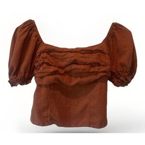 Abercrombie & Fitch Burnt Orange Smocked Puff Sleeve Linen Crop Top Sz S Boho